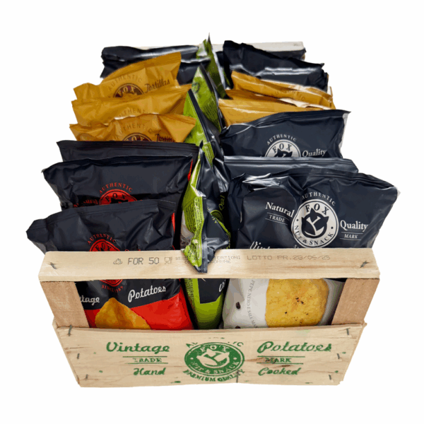 Aperitivo Chips aus Italien / in der Holzkiste, 6 Sorten, je 4 Stk. / 40g / 24 Tüten