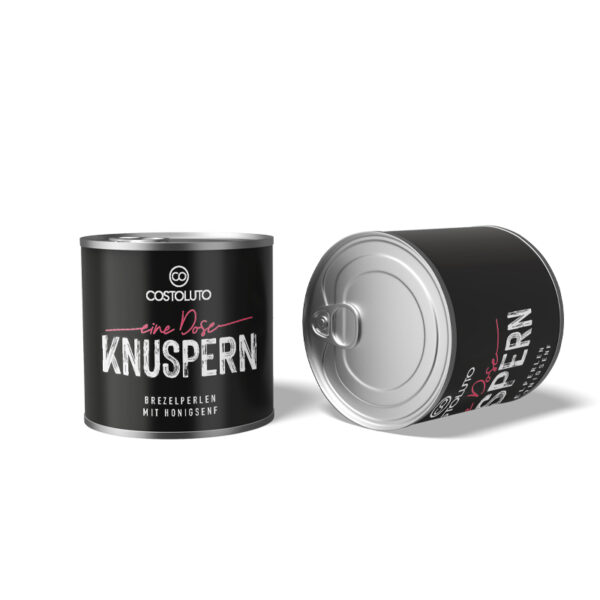 Eine Dose KNUSPERN / Brezelperlen, mit Honigsenf